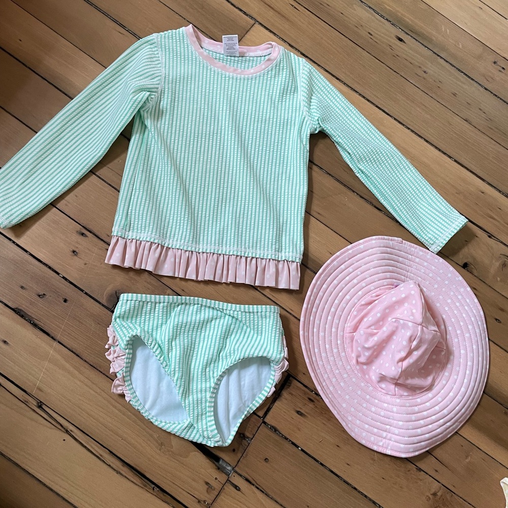 Ruffle Butts Seersucker Rash Guard Bathing Suit and Hat